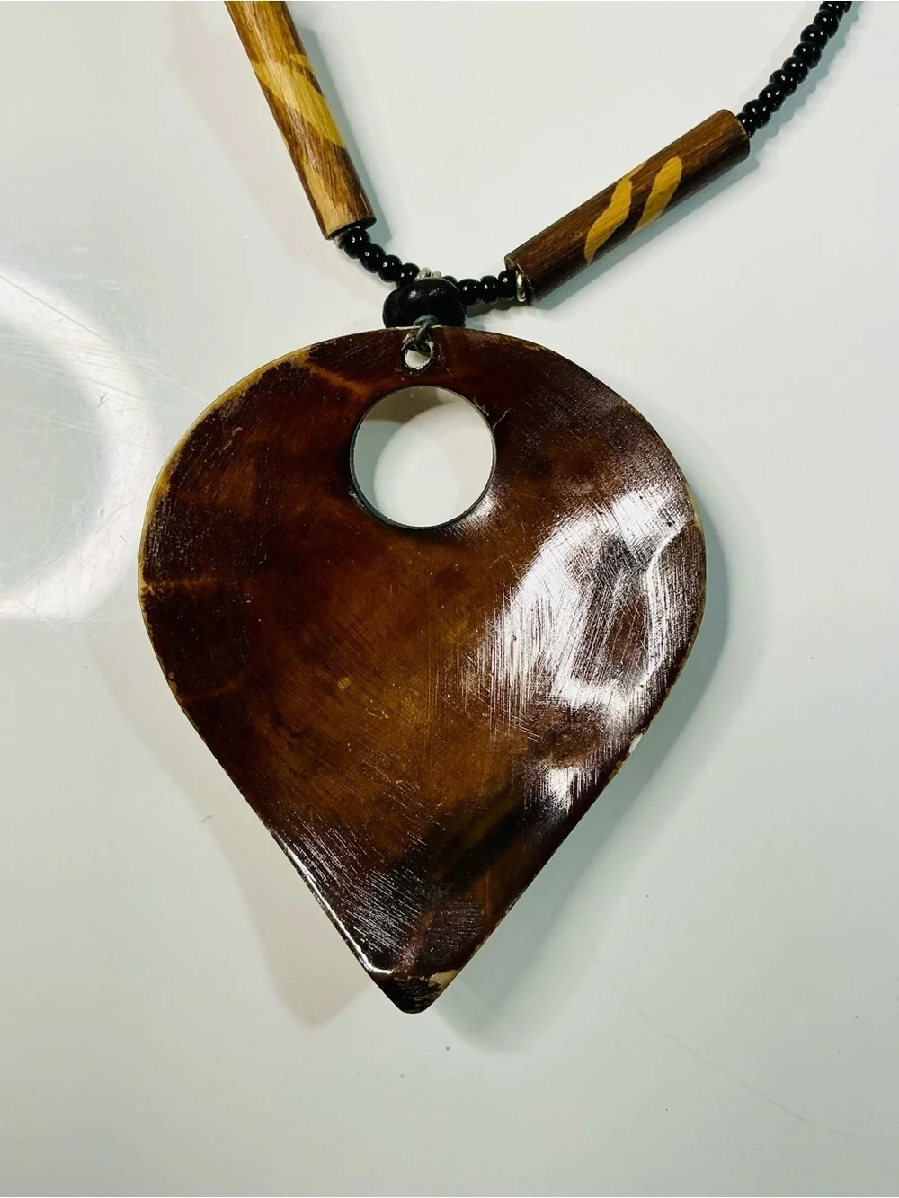 Handcrafted Brown Wooden Teardrop Pendant Necklace with Black Beaded Cord